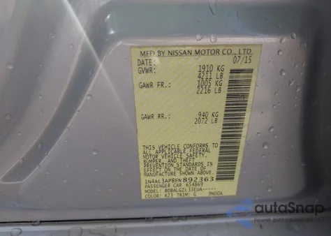 2015 Nissan Altima 2.5/2.5 S/2.5 Sl/2.5 Sv из США, поврежденный, VIN 1N4AL3AP8FN892363